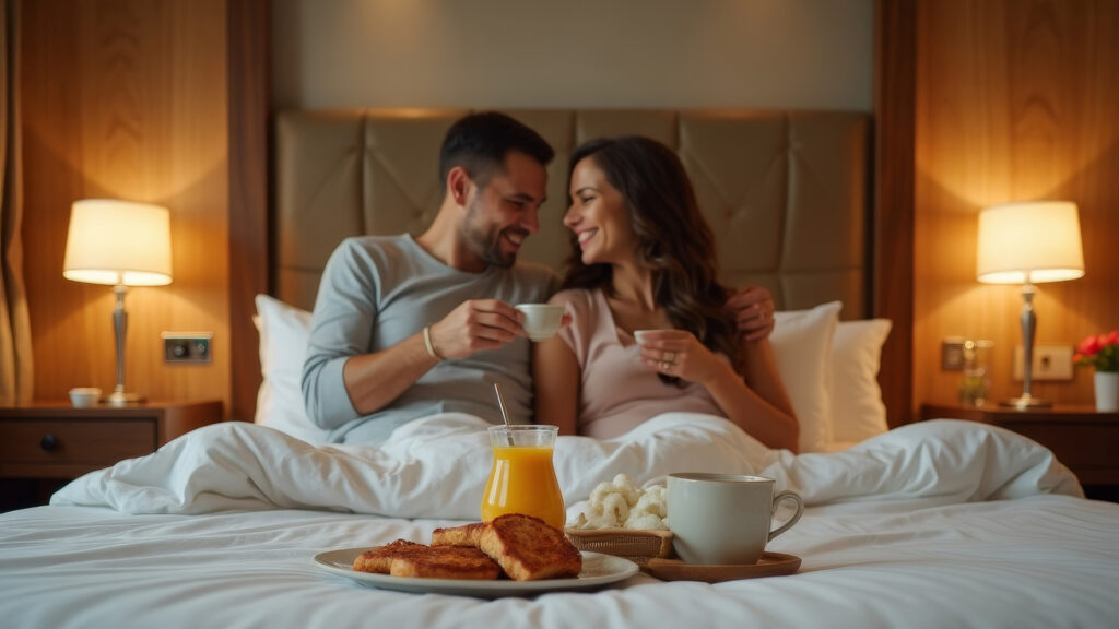 Mann und Frau sitzen im Bett und frühstücken, warme und romantische Atmosphäre