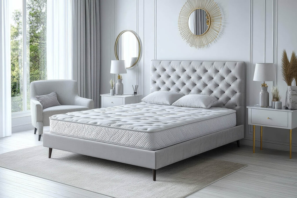 Hotelschlafzimmer mit Boxspringbett in hellgrau